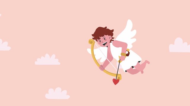 Valentine Theme Cupid Flying with Bow and Arrow Searching for Love Target  2D Flat Design Animation Seamless Loop With Green Screen Option