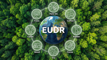EUDR regulation concept with global forest background showing deforestation-free supply chains for palm oil, coffee, cocoa, soy, rubber, wood, cattle, and sustainable environmental compliance