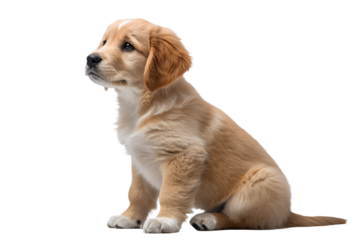 Realistic puppy, full body, sitting pose, cute but natural proportions, clean detailed soft fur texture, soft studio lighting, eye level view, centered composition, isolated on transparent background,