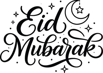 Eid Mubarak celebration with moon and stars in elegant calligraphy