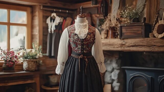 savoyard traditional outfit on mannequin in alpine wooden chalet
