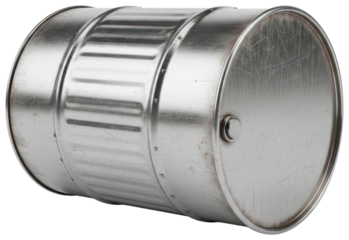 Silver metal oil barrel lying on side for industrial liquid storage on a transparent background