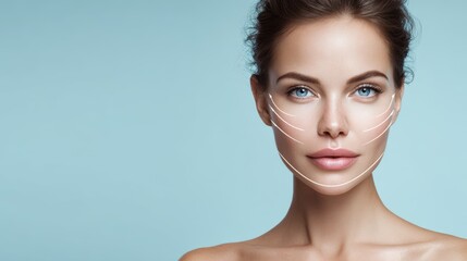 Steps in facial contouring process in a beauty treatment studio with a model showing facial lines marked for enhancement