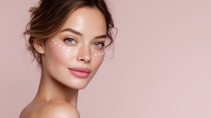 Naklejka premium Model poses with light makeup and skin care dots against a soft pink background during a beauty session in a studio
