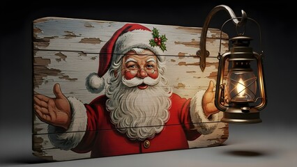 Rustic Santa Claus Sign with Lantern Illuminating a Festive Christmas Scene.