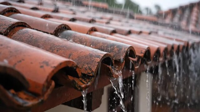 Rainwater cascading from clay roof tiles. - Close-up of heavy rainfall flowing down a terracotta tiled roof. The water is captured in motion, creating a dynamic and textured effect.