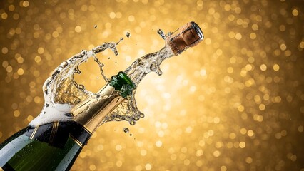 Champagne bottle popping with a celebratory splash against a sparkling golden background.