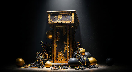 A dramatic and opulent golden pedestal illuminated by a spotlight, surrounded by black and gold balloons and tangled wires, creating a luxurious and mysterious atmosphere.