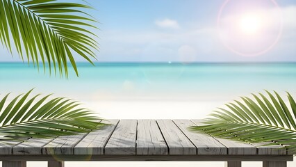 Empty wooden table with tropical beach background and palm leaves.