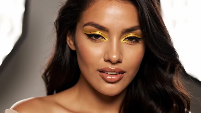 Glamorous Woman with Yellow Eyeshadow and Winged Eyeliner - A stunning portrait shot features a woman with radiant skin, accentuated by bold yellow eyeshadow and sharp black winged eyeliner.
