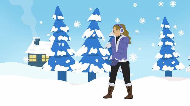 Winter Woman Girl Female Wearing Coat Mittens and Earmuffs Walking Through Snowy Landscape Cold Weather 2D Flat Desiign Style Animation Seamless Loop