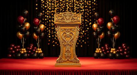 Luxurious Empty Stage with Golden Ornate Podium, Red Carpet, Festive Balloons, and Glittering Confetti Backdrop