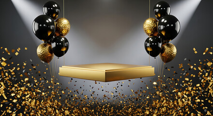 Luxurious Golden Podium with Elegant Black and Gold Balloons and Falling Confetti