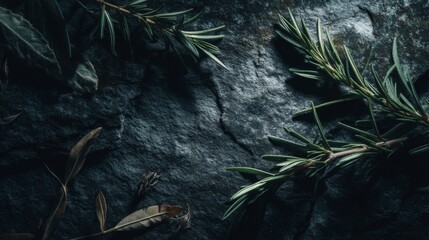 Green Herbaceous Plants and Leaves on Dark Textured Surface with Natural Aesthetic for Culinary and Botanical Themes