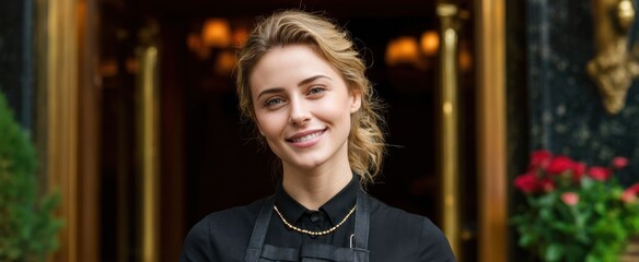 The restaurant hostess greets arriving guests with a welcoming smile at the entrance.