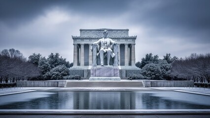 Obraz premium Lincoln Memorial statue and Reflecting Pool in winter snow