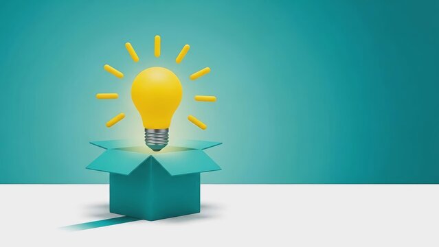 Bright idea igniting, a glowing light bulb emerging from an open box, symbolizing creativity, innovation, and ingenious solutions