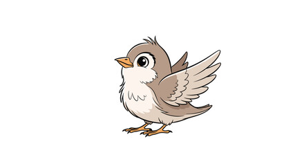 Fototapeta premium Adorable baby sparrow with large expressive eyes and fluffy brown feathers flapping its wings in a charming cartoon vector illustration.
