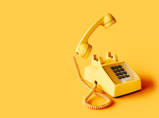 Old yellow telephone ringing on yellow background with copy space. 3D Rendering, 3D Illustration
