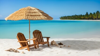 Two wooden chairs and a straw umbrella on a pristine white sand beach with turquoise water and palm trees in the background, perfect for a relaxing vacation.