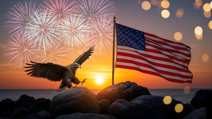Bald Eagle and American Flag with Fireworks at Sunset.
