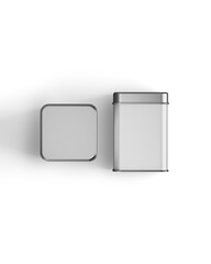 Blank white square tin box food container for packaging design mockup isolated on white background. Top and front view. 3d rendering.vertical portrait orientation.