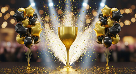 Luxurious Golden Trophy Celebration with Sparkling Confetti and Elegant Black and Gold Balloons on Stage