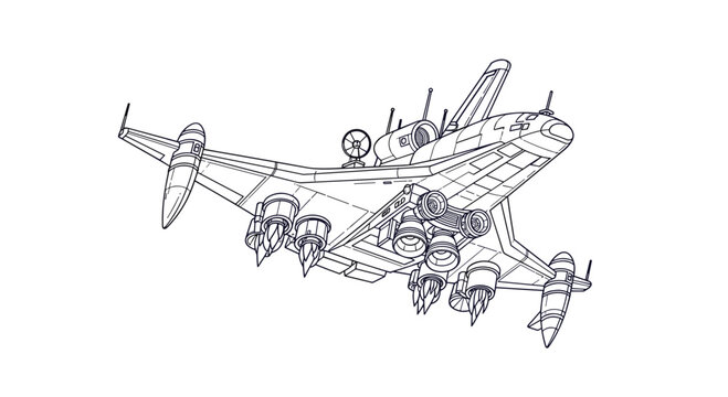 Detailed black and white line art of a complex futuristic spaceship with multiple engines and antennas for sci-fi concepts.