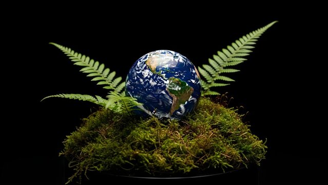 Earth Globe with Ferns and Moss on Black Background.