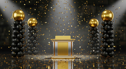 Luxurious golden podium with black and gold balloons under sparkling confetti for celebration event