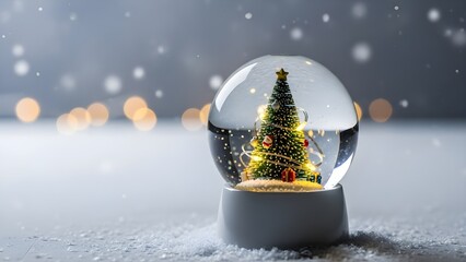 Christmas snow globe with illuminated tree on snowy surface.