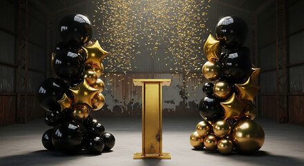 Grand Celebration of Achievement with Golden Podium, Black and Gold Balloons, and Sparkling Confetti