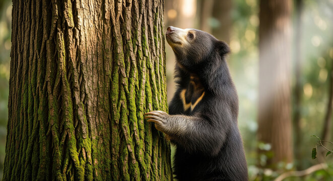 Sloth Bear Exploring Forest Tree