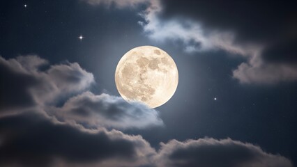 Bright full moon shining through dark clouds in a serene night sky with subtle stars.