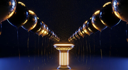 Elegant Stage with Illuminated Pedestal and Golden Balloons creating a Luxurious Celebration Atmosphere