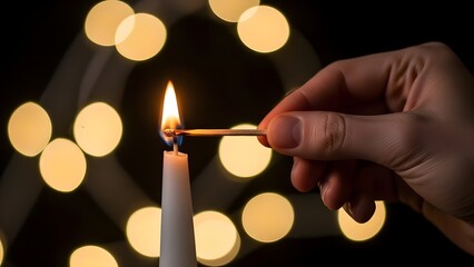 Hand lighting a white candle with a match, creating a warm glow against a blurred background of golden bokeh lights, symbolizing hope and celebration.