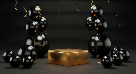 Elegant Golden Pedestal with Shiny Black Balloons and Festive Confetti on Dark Background