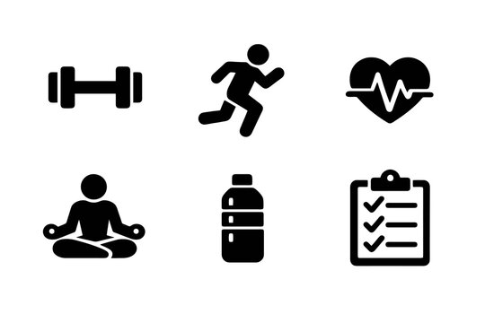 Wellness and fitness vector icon set featuring exercise, hydration and healthy habits icons. Black flat icons ideal for fitness apps, dashboards and digital interfaces.