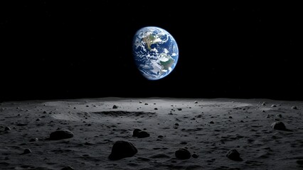 Earthrise from the Moons surface, a breathtaking view of our home planet from a desolate lunar landscape, showcasing the vastness of space.