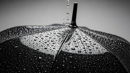 Raindrops on a Black Umbrella in a Monochromatic Setting.