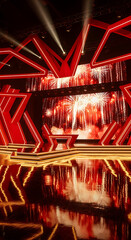 A vibrant, modern event stage design featuring red geometric structures and dynamic lighting