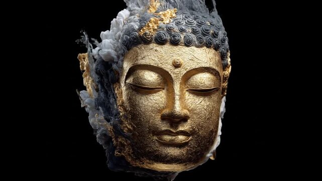 Golden buddha head with cloud abstract design on black background