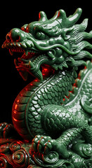 Majestic Chinese Jade Dragon Sculpture Illuminating with a Mysterious Red Glow on Black Background