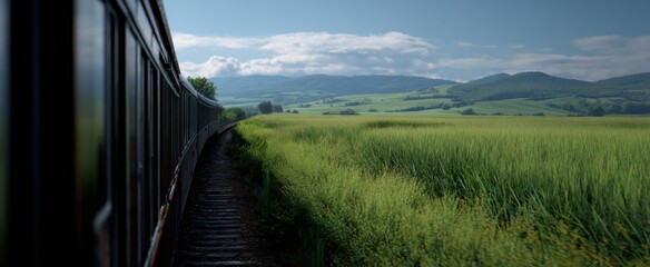 A train glides through green fields hope blooming as the journey unfolds beyond the horizon.
