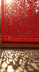 Vibrant Red Chinese Paper Cut Art with Auspicious Symbols Bathed in Golden Sunlight