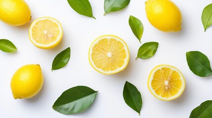 Fototapeta premium A vibrant display of lemons and leaves on a clean white background for a fresh and healthy feel