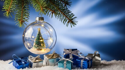 Christmas ornament with miniature tree and gifts on snow, festive blue background.