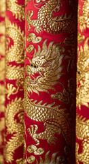Vibrant Red Textile Adorned with Majestic Golden Chinese Dragon Embroidery and Traditional Patterns