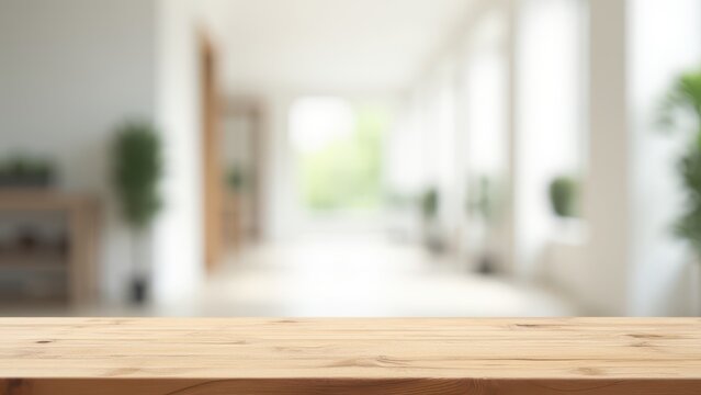 Wood table top on white blurred abstract hallway background for product display and montage