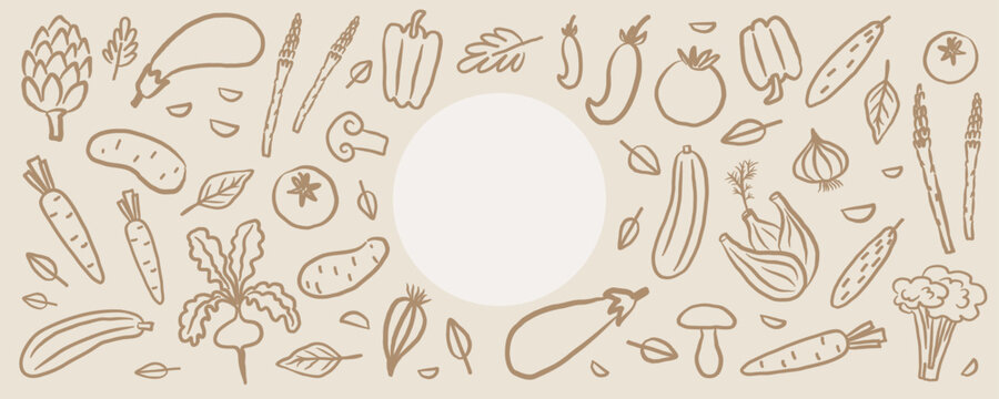 Banner with Vegetables for text. Minimalist doodle background with fresh organic harvest. Hand drawn line art pattern. Farming product. Healthy food. Sketch with tomatoes, cucumbers, carrots, potatoes